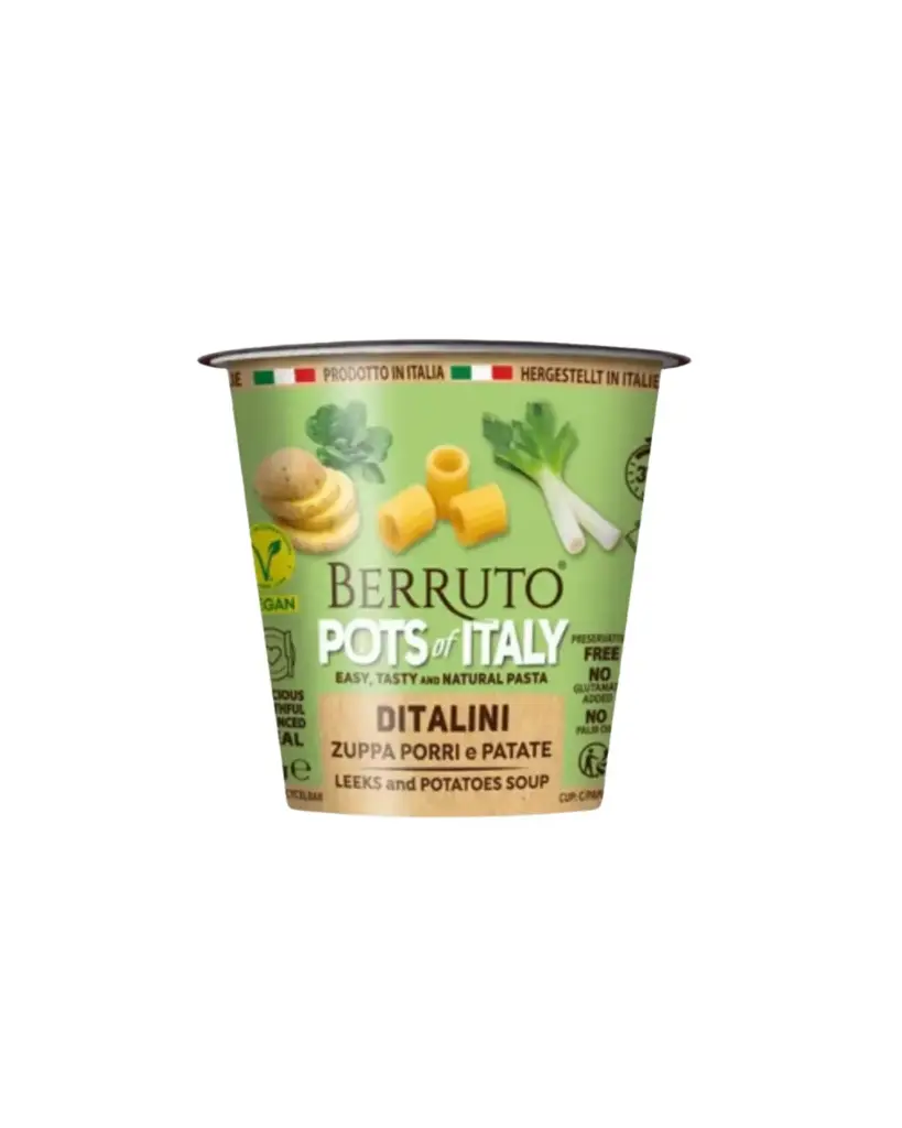 BERRUTO POTS OF ITALY VEGAN  DITALINI LEEKS & POTATO SOUP 40GMS 