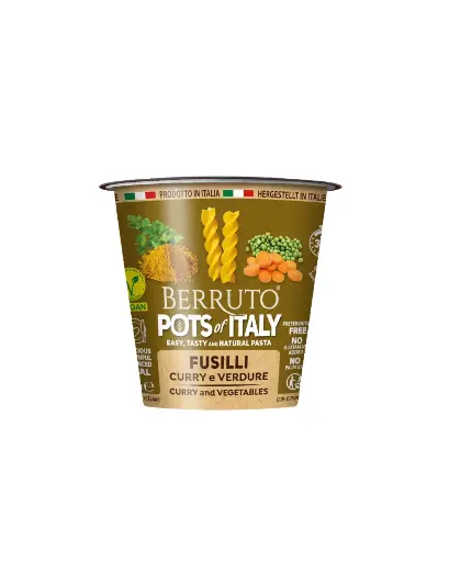 [8003740140175] BERRUTO POTS OF ITALY VEGAN  FUSILI CURRY+LEGUME SOUP 70GMS