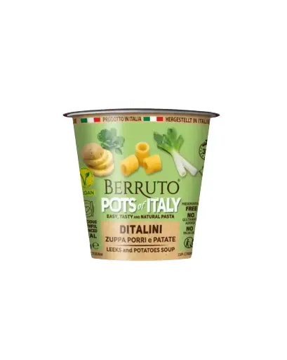 [8003740140199] BERRUTO POTS OF ITALY VEGAN  DITALINI LEEKS & POTATO SOUP 40GMS 